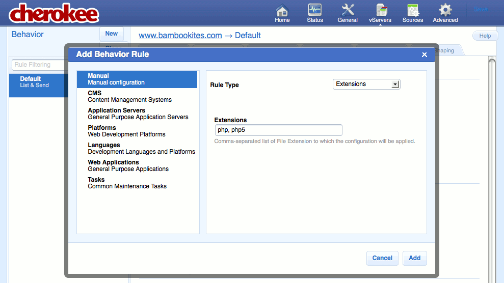 Creating a new extensions rule on the Behavior tab on the vServers page of the Cherokee admin panel on Fedora 13.