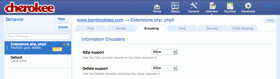 Enabling compression support for a new extensions rule on the Behavior tab on the vServers page of the Cherokee admin panel on Fedora 13.